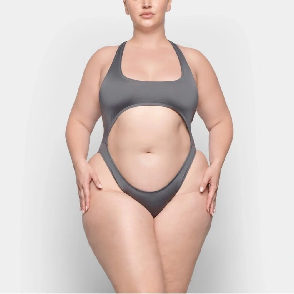 🩶SKIMS (B13) SWIM CUT OUT MONOKINI SWIMSUIT BIKINI GUNMETAL XL NWT